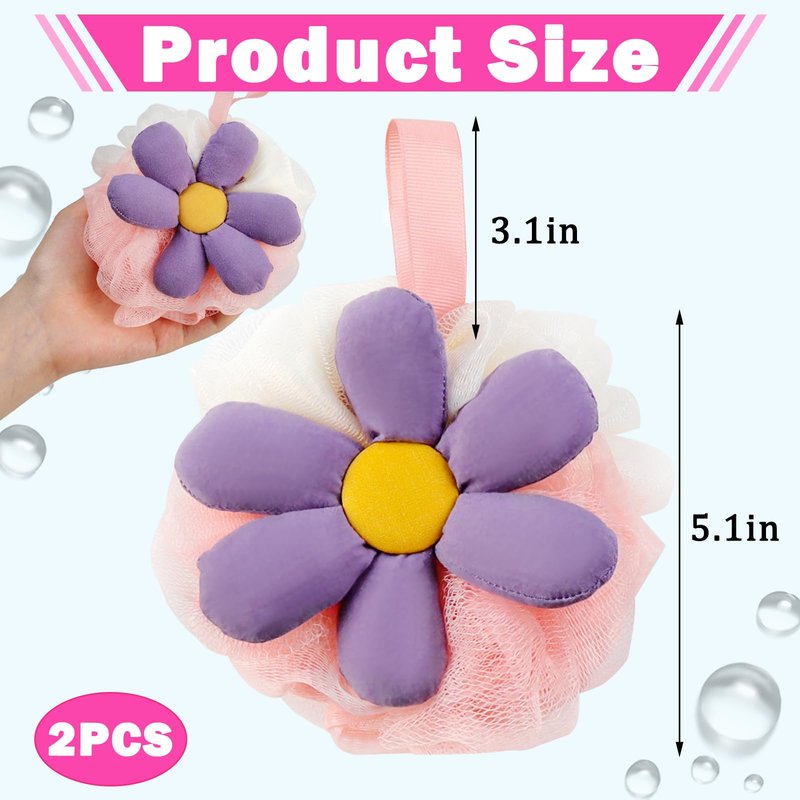 2PCS Cute Flower Bath Sponges Loofah Mesh Pouf Body Scrubber Exfoliating Shower Sponge for Women Shower Puff Soft Loofah Sponge Ball Bath Sponge for Sensitive Skin in Beauty Bathing Accessories