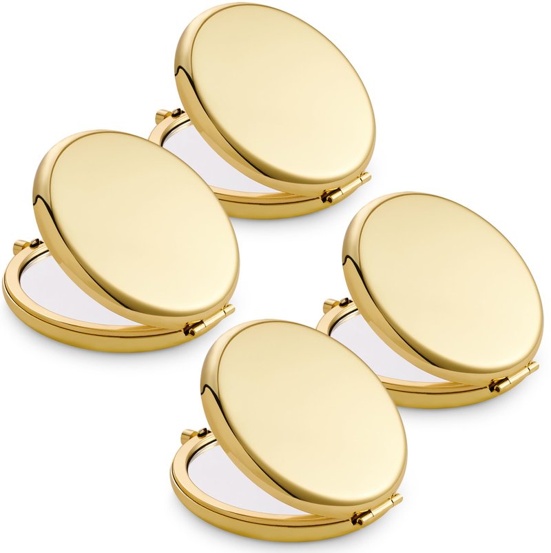 MLLXX Compact Mirror for Purse, Metal Round Shell, Double-Sided 1X/2X Magnifying, Portable Travel Makeup Mirror, Mini Pocket Mirror, Gold,4 Packs