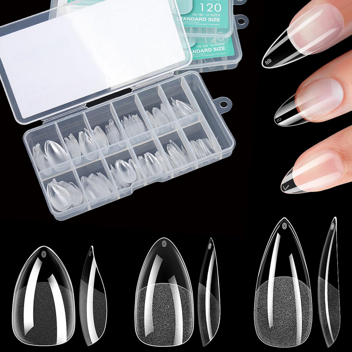 Soft Gel Short/Medium/Long Almond Nail Tips Kit 3 Boxes 360Pcs, Full Cover Pre-etching Acrylic False Nails for Small and Flat Nail Bed Home Manicure Extension DIY Salon Clear Press On Nails, BlueZOO