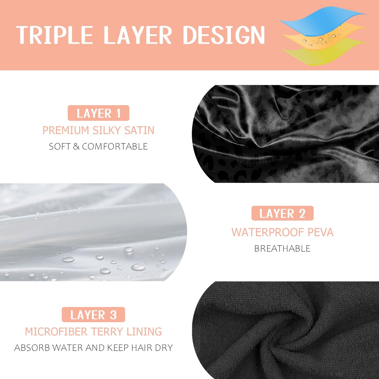 BHAHB Luxury Shower Cap Reusable Terry Cloth Lined EVA Triple Waterproof Layer Elastic Hair Bath Caps for Women Girls Cute-Black Leopard