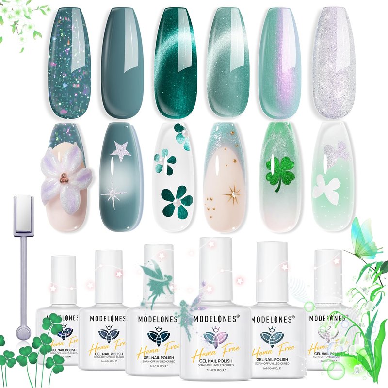 Modelones Gel Nail Polish - 6 Colors HEMA-Free 9D Cat Eye Green & Silver Glitter Kit | Spring 2026