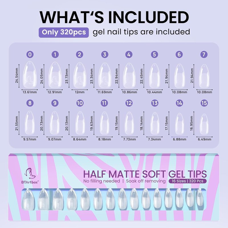 BTArtbox Half Matte Soft Gel Nail Tips - 320pcs Pre-Shaped Almond Full Cover Nails | Clear & Natural Fit, 16 Sizes