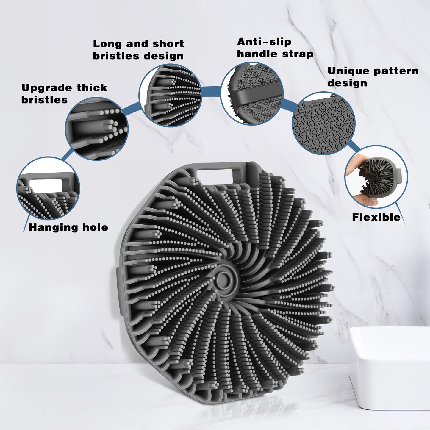 Silicone Body Scrubber, 2 PCS Exfoliating Body Scrubber, Silicone Loofah Bath Brush with Hand Strap, No-Slip Handheld Body Wash Brush Body Scrubbers Shower Cleaning for All Skin Types (Black & Grey)