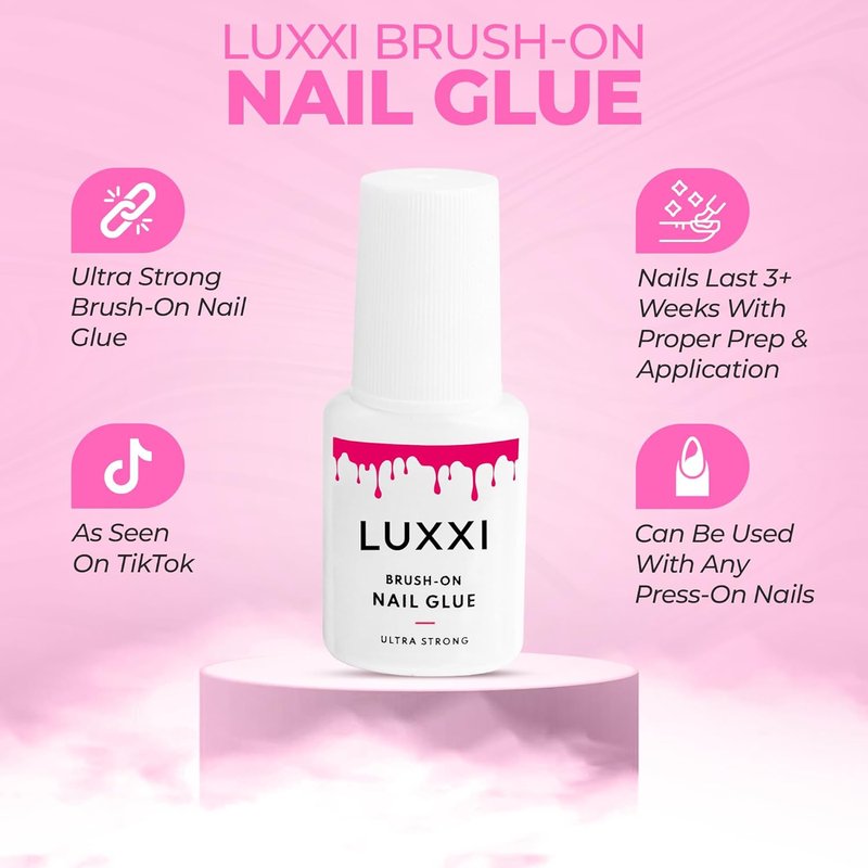 LUXXI Brush-On Nail Glue - Quick-Drying Adhesive for Press-On Nails | Precision Applicator, 0.24oz, Pink Gel