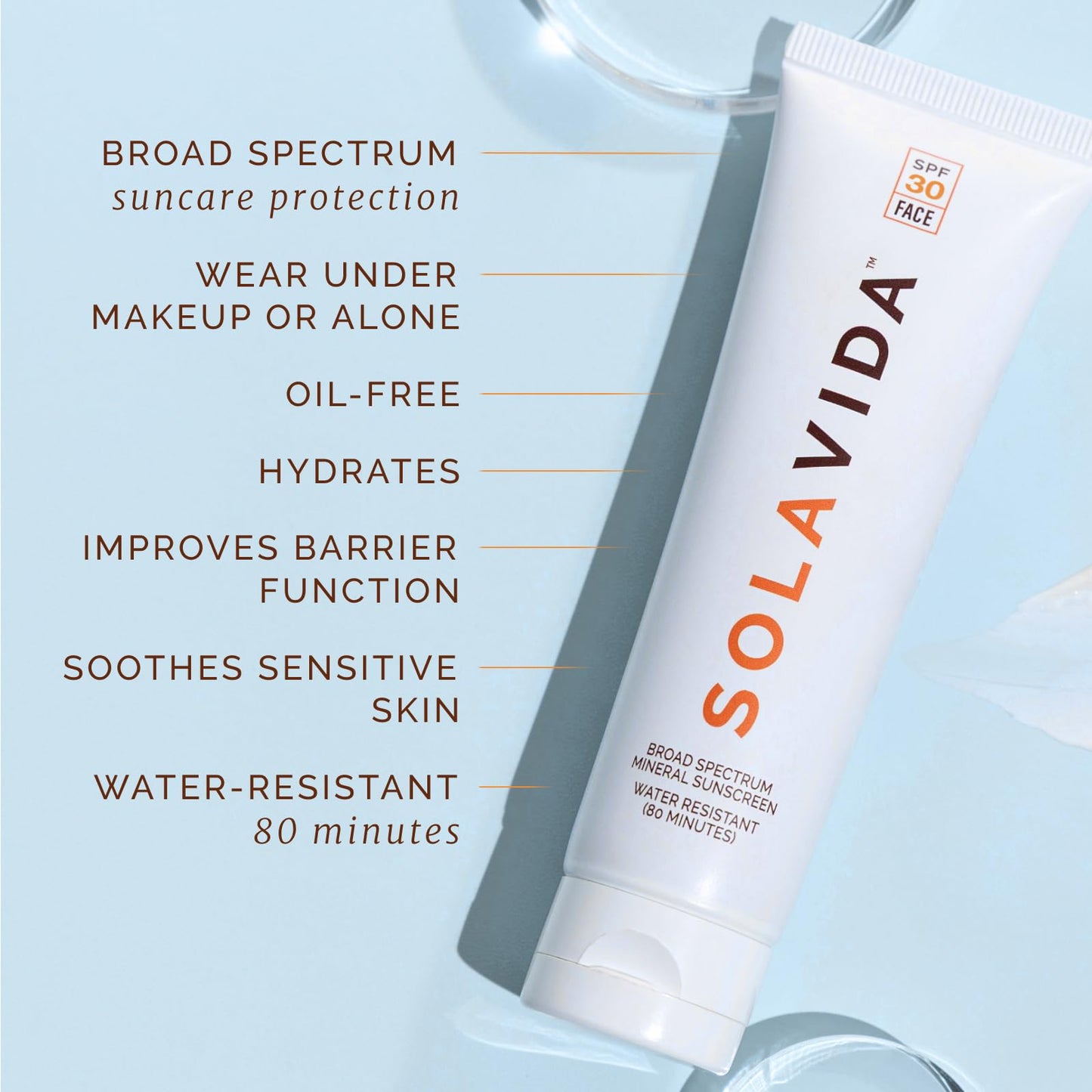 Solavida UVA/UVB Professional-grade Daily SPF 30 Mineral-based Face Sunscreen with Zinc Oxide, Hyaluronic Acid, Ceramides, Niacinamide. No artificial fragrances or dyes. 1.7 oz