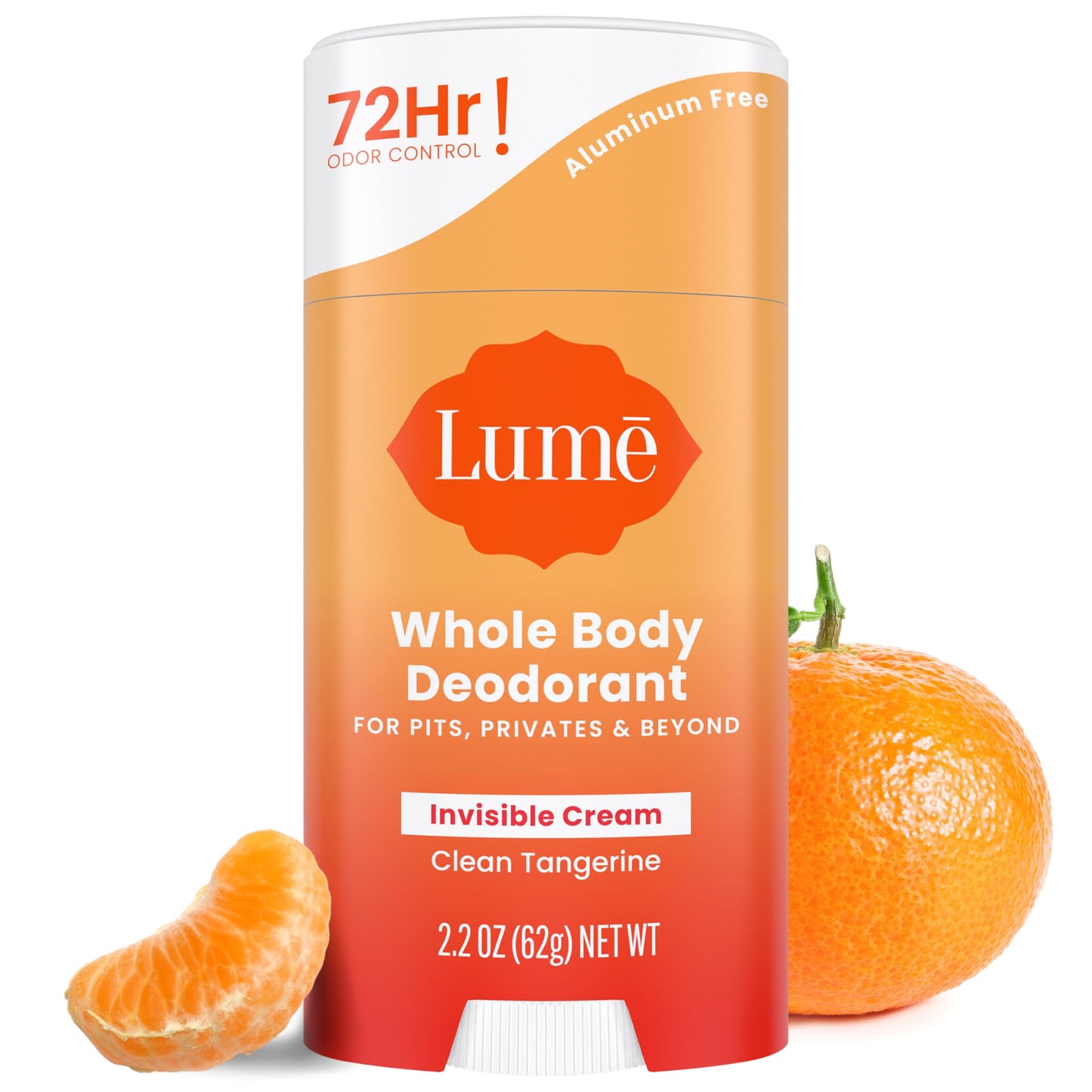 Lume Whole Body Deodorant - Invisible Cream Stick - 72 Hour Odor Control - Aluminum Free, Baking Soda Free, Skin Safe - 2.2 Ounce (Clean Tangerine)