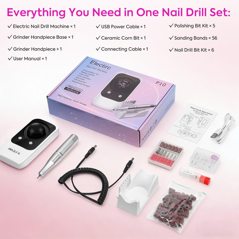 Professional Electric Nail Drill File: 45000RPM Portable Rechargeable Nail E File Machine for Acrylic Nails Gel Polishing, Cordless Efile with 7 Drill Bits, 56 Sanding Bands for Manicure Salon Home