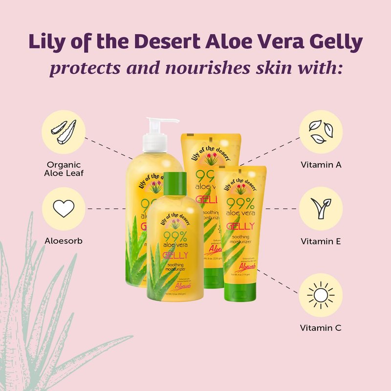 Lily Of The Desert Gelly Moisturizer - 99% Organic Aloe Vera Gel for Skin, After Sun Care with Aloe, Vitamin E Oil, and Vitamin C for Sunburn Relief, 8 Fl Oz
