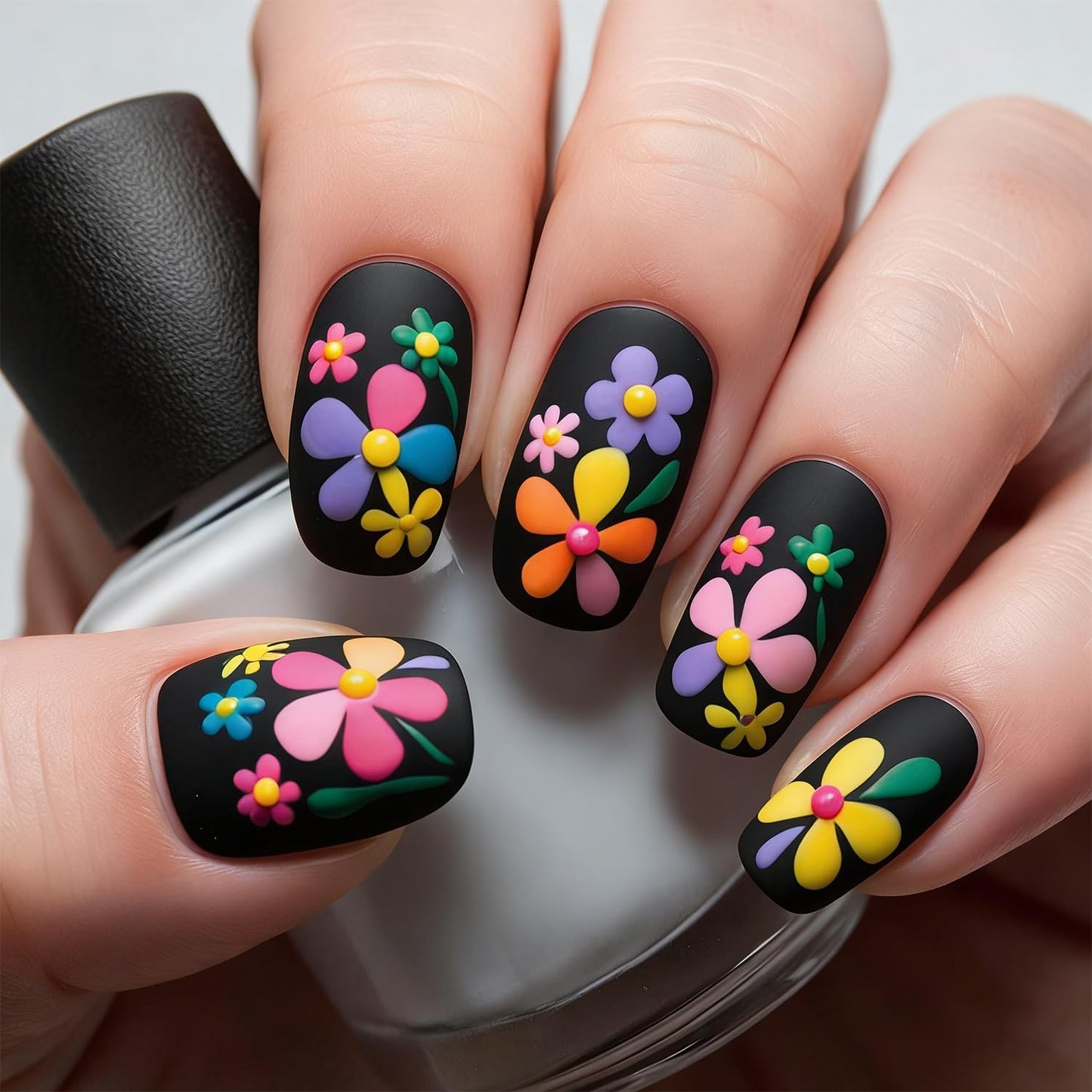 Skiennix Short Square Flower Press-On Nails - Multicolor Floral Design | Black Matte Full Cover, 24 Pcs
