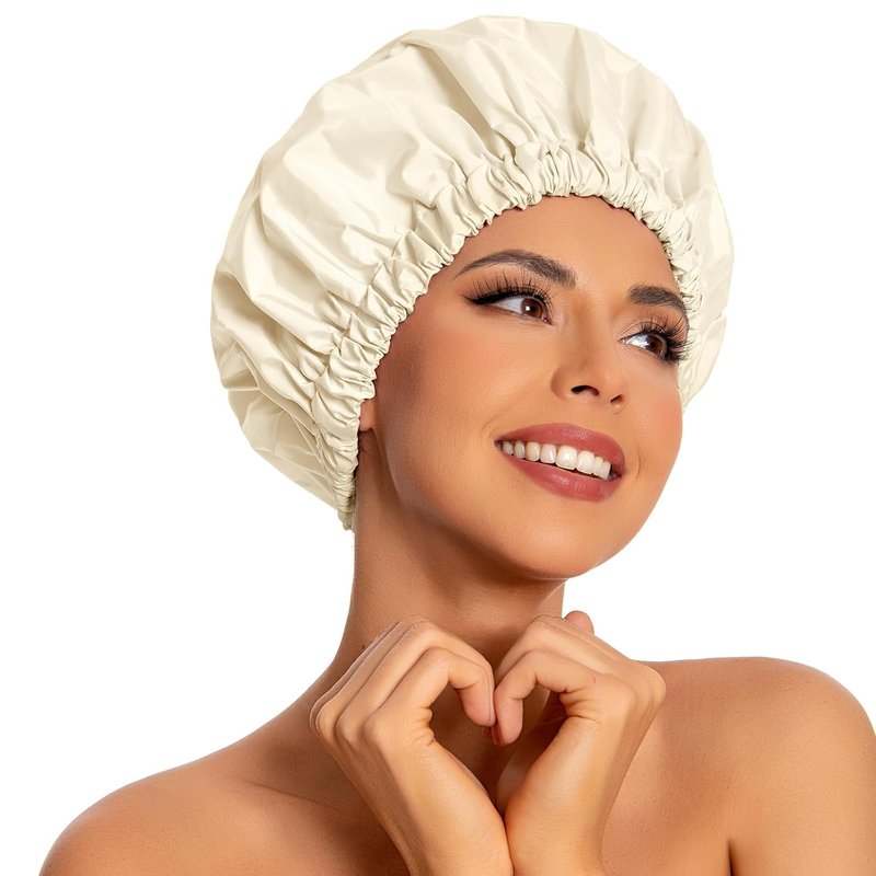 Reusable Waterproof Shower Cap for Women - Large Elastic Hair Bonnet for Long, Curly Hair | Champagne Color