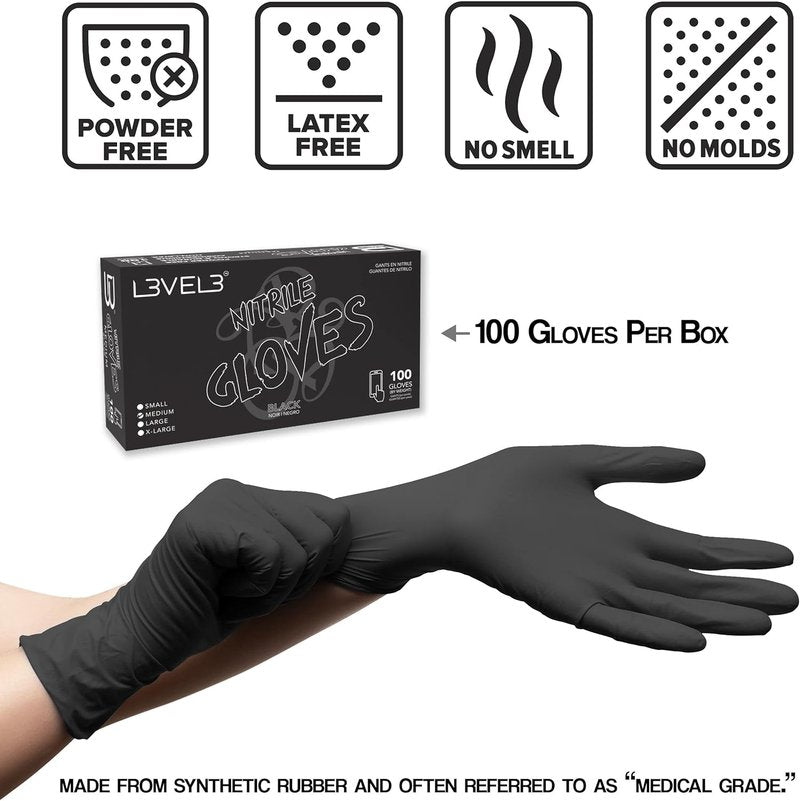 L3 Nitrile Gloves - Heavy Duty Disposable, Latex-Free, Snug Fit - Box of 100 Count