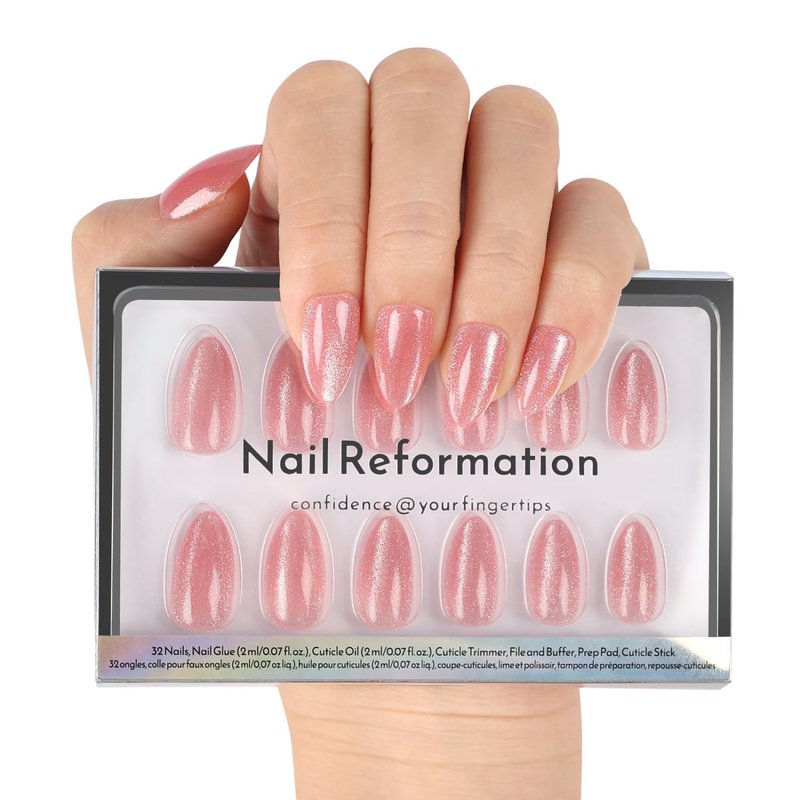 Nail Reformation Press On Nails, Pink Quartz | Cat Eye Velvet Short Almond Fake Nails, Salon Quality, Reusable Natural Stick On Nails Kit - 32 Pcs in 16 Sizes with Glue, Manicure Gifts for Women