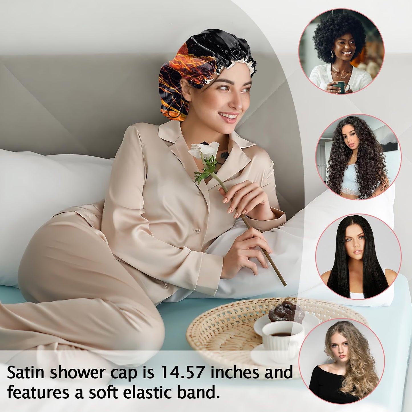 Cabreche Luxury Shower Cap Satin Silk Lined Adjustable Elastic Reusable Waterproof Shower Bath Cap Cute for Women Girls-Sunset