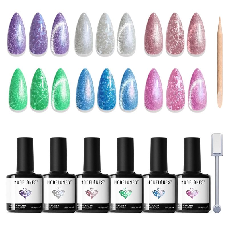 Modelones Cat Eye Gel Nail Polish Set - 6 Shimmering Colors for Stunning Nail Art | Iridescent Mermaid Swirl