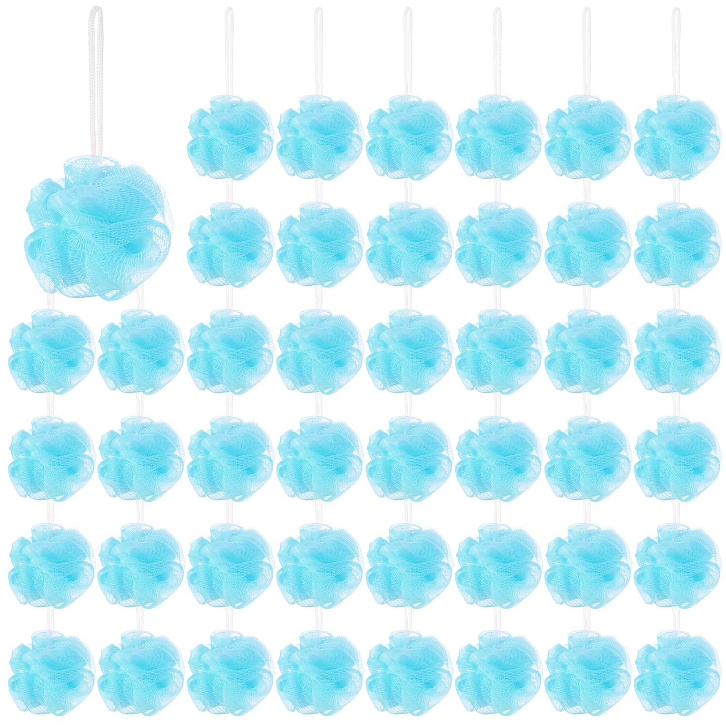 Suttmin 50 Pcs Loofah Sponge Bulk Mini Shower Sponge 3 Inch Loofahs Shower Pouf Mesh Showers Ball for Women Kids Men Exfoliating Bath Scrubber Travel Size Showers Gift(Blue)