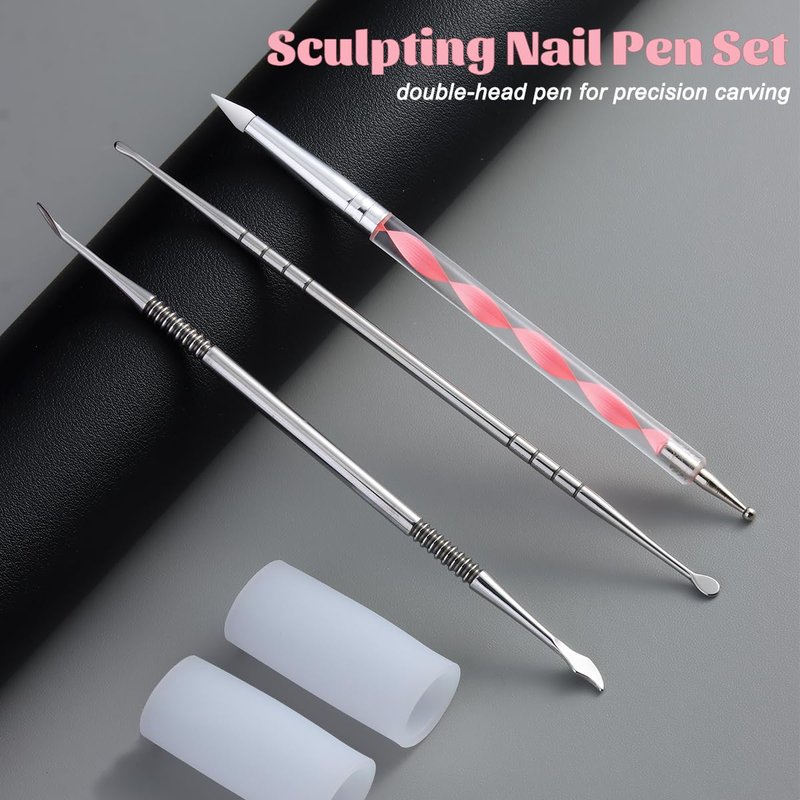 Fcozpjk Nail Art Sculpture Pen, 3PCS Double-head Stainless Steel 3D Gel Art Sculpting Pens Dotting Tools Acrylic Powder Flower Design Carving Modeling for Builder Gel Chrome Powder Applicator Manicure