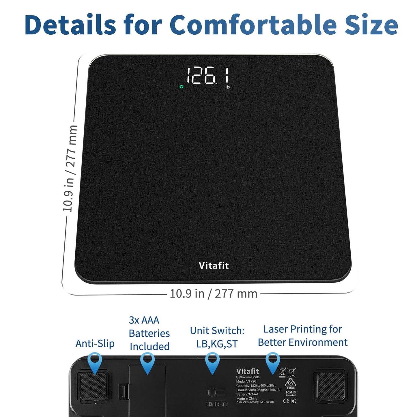 Vitafit Scale for Body Weight, Accuracy 0.1lb by Our Professional Weight Scale Factory Since 2001, Digital Bathroom Scales LED and Step On, 3xAAA Battery Included, 400lb/182kg, Spray Silver Black
