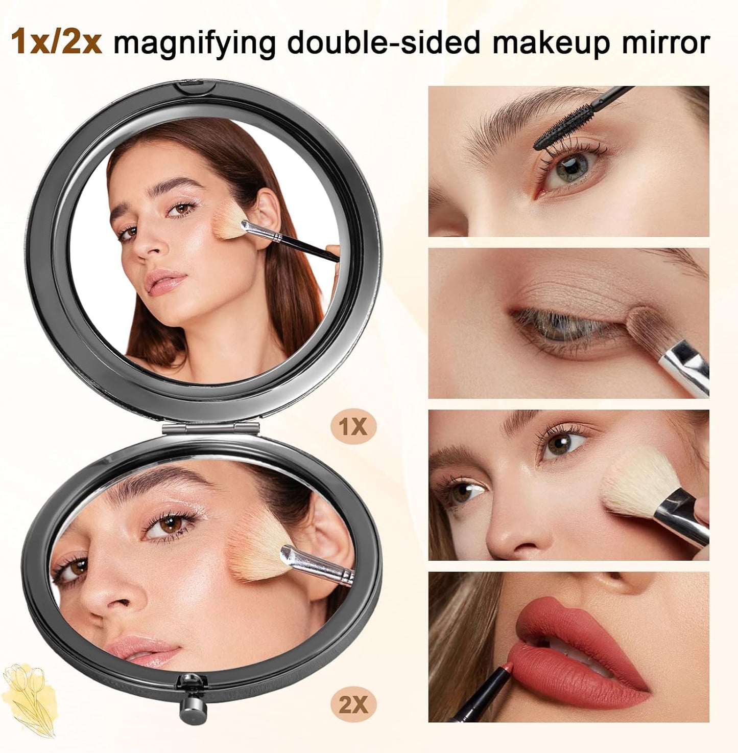 Skiennix Personalized Compact Mirror - Custom Birthflower Travel Makeup Mirror for Women | Black