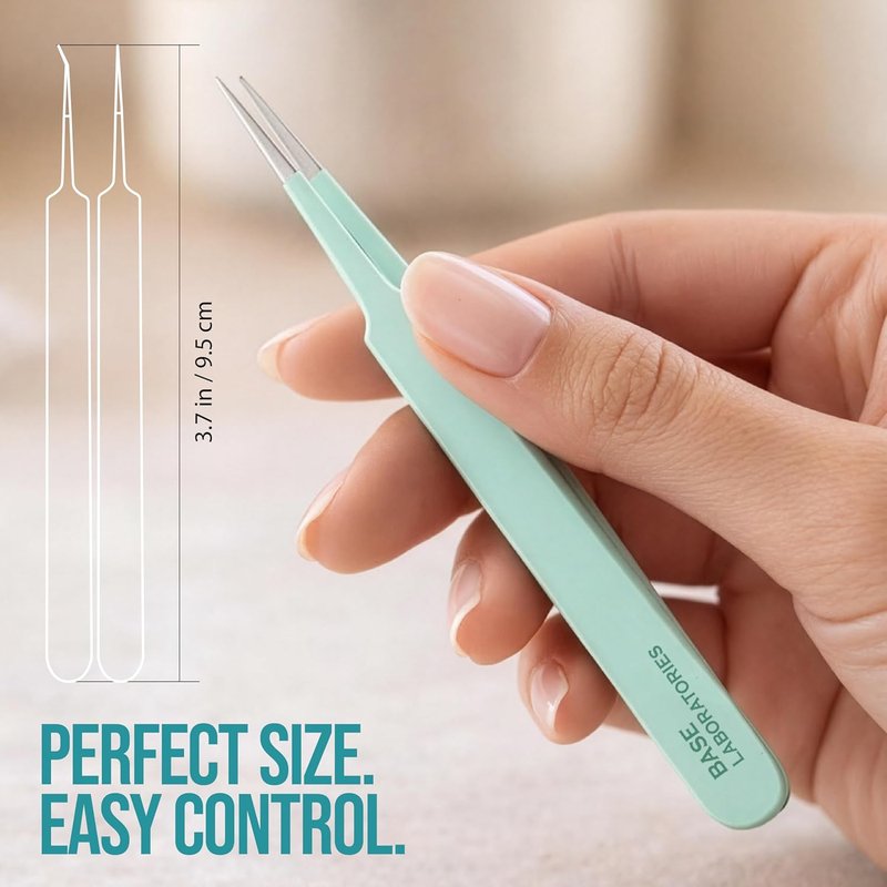 Base Labs Ingrown Hair Tweezers Set - Precision Curved & Pointed Stainless Steel Tweezers | 2 Pack with Protective Case for Razor Bumps & Facial Hair Removal