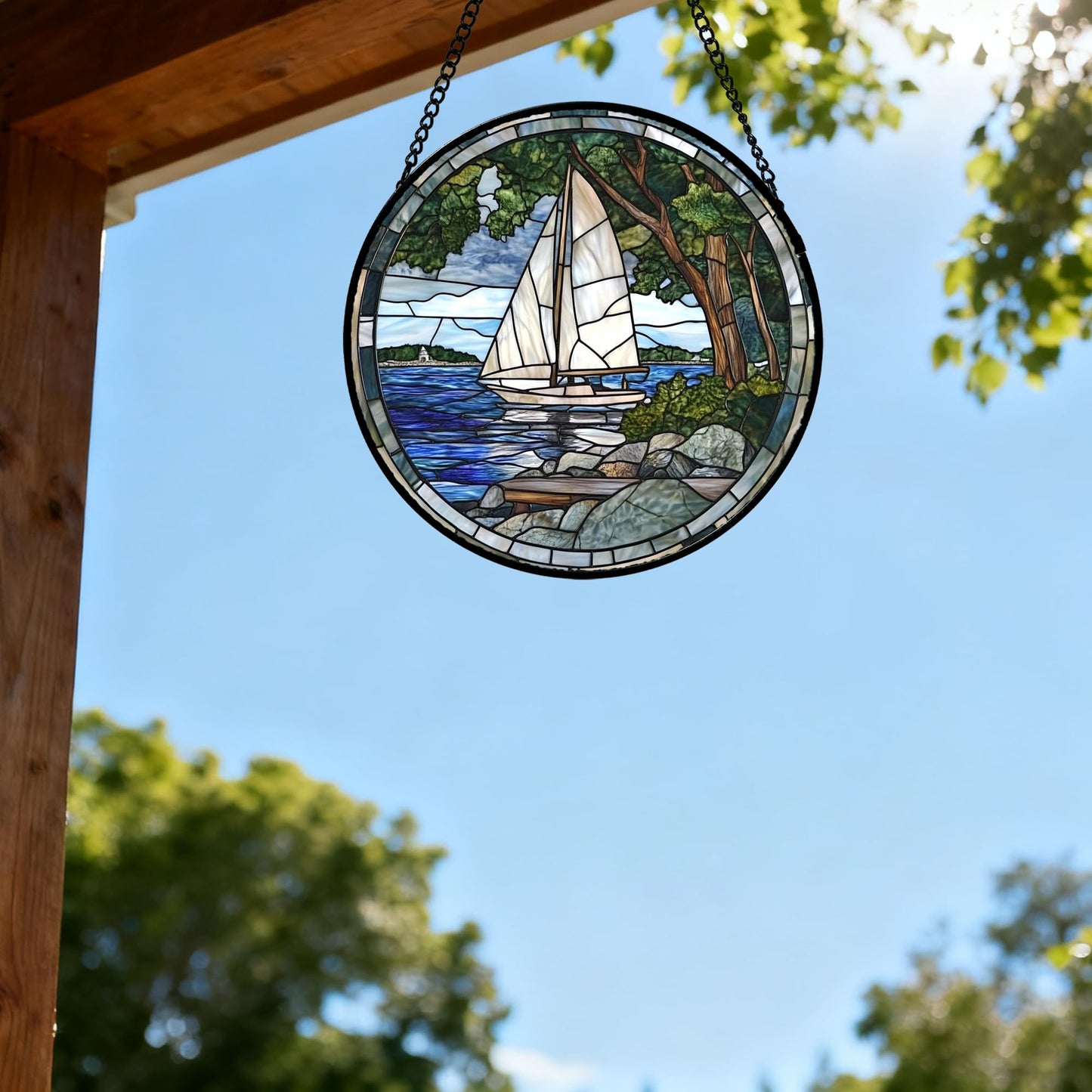 QZQCBLC Stained Glass Window Hanging Blue Ocean White Sailboat 7.8" - Nature Suncatcher Door Garden Sun Catcher Home Decor Birthday Christmas for Woman Mom Men Friend Nana