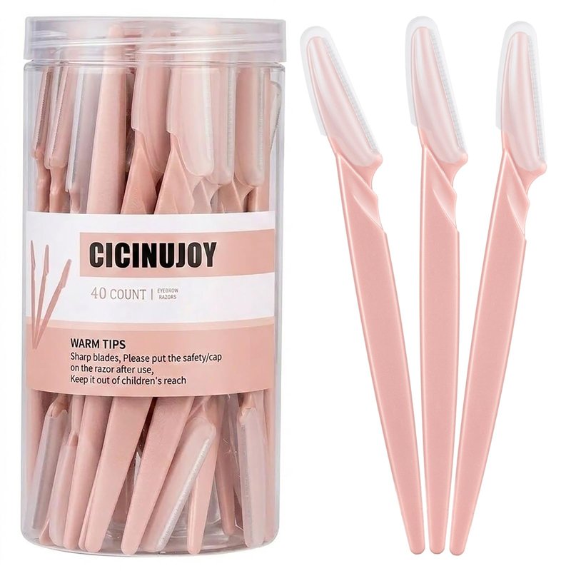 Dermaplaning Tool for Women, 40pcs Newbie Friendly Facial Hair Removal, Face Eyebrow Razors and Shaver with Protective Covers for Peach Fuzz Remover, Blush Pink, Stainless Steel