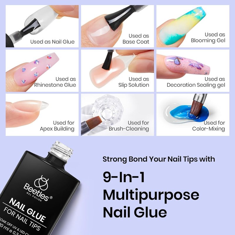 Beetles 3Pcs Gel Nail Glue Nail Dehydrator and Primer, Professional Nail Prep Acid-Free Hema-Free Dehydrate Bond Primer 9 in 1 Gel Glue Kit for Press On Nails Nail Tips Nail Extension Gifts for Women
