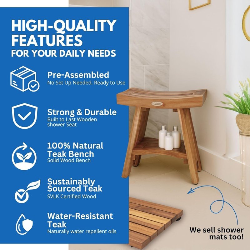 EcoDecors Teak Shower Bench with Shelf 18", 300 lb Capacity – Fully Assembled Waterproof Wood Spa Seating for Adults - Compact Fit for Small Bathrooms & Walk-in Showers - Slip-Resistant Feet