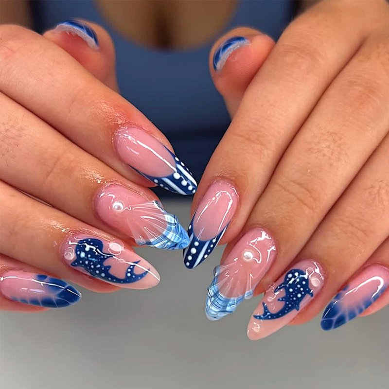 3D Ocean Shark Press on Nails, Blue French Tip Fake Nails with Polka Dot Designs, Almond Shape Glossy False Nails for Women, 30Pcs Artificial Stick on Nails for Daily Party Beach Vacation
