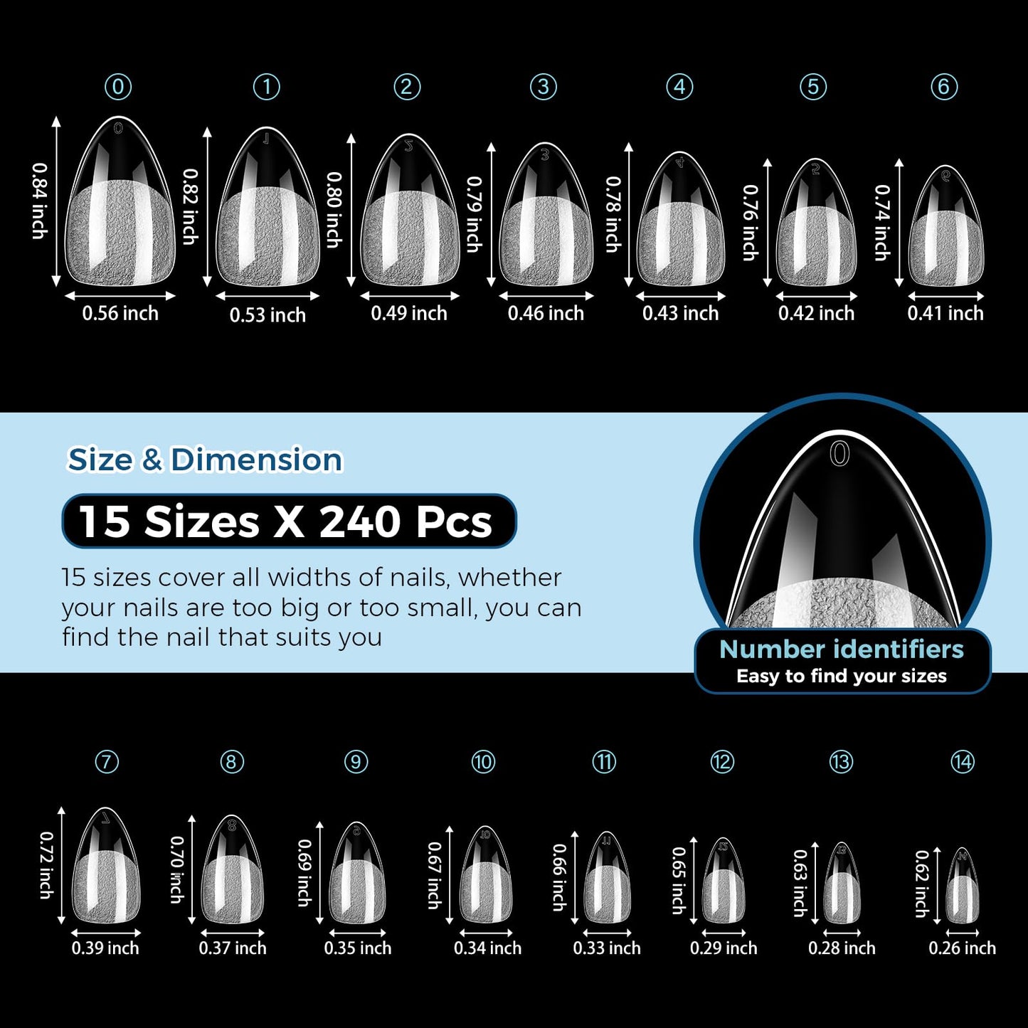 TOMICCA Short Almond Nail Tips - 240pcs 15 Sizes Soft Gel Tips, Half Matte Pre-Shaped Full Cover Clear Fake Nails, Acrylic Press on Nails for Extension, Beginners and Professional Salon