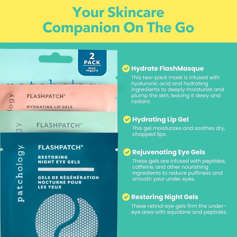 Patchology Travel Facial Kit - Hydrating Skincare Essentials for Face, Eyes & Lips | Includes Under Eye Patches & Sheet Masks