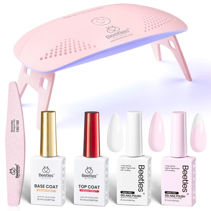 Beetles 2 Colors 10ML HEMA-Free White Pink Gel Nail Kit with U V Light, 6 Pcs Sakura Snow Gel Polish Set French Tips DIY Manicure Kit with Base & Top Coat Soak Off Home Salon Travel Gifts for Women