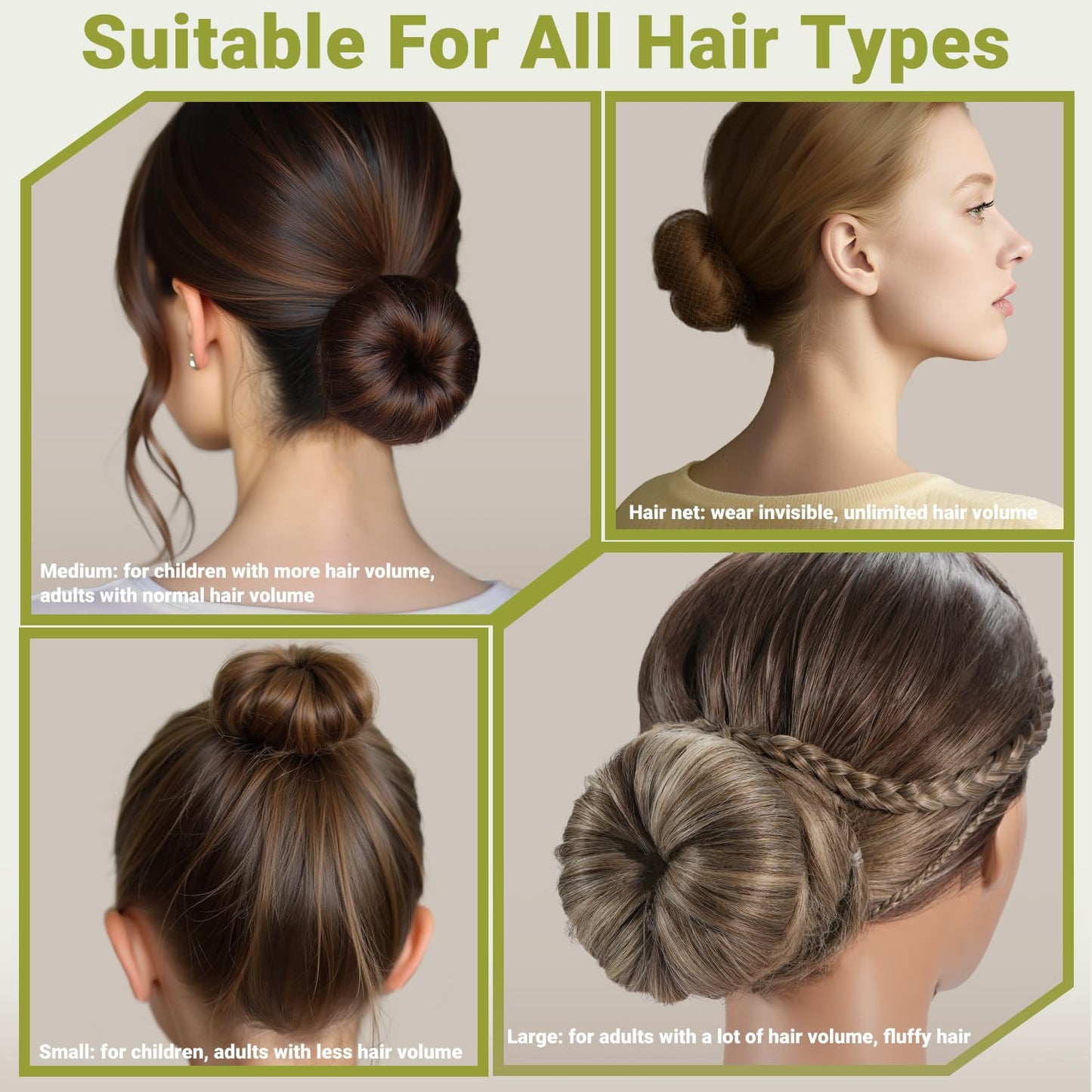 TsMADDTs Hair Bun Maker Set with 8 pcs Donut Buns for Women, 10 Invisible Hair Nets, 40 U Shaped Bobby Pins, 5 Elastic Ties for Girl's Dance, Light Brown