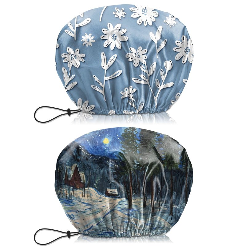 BHAHB 2 PCS Shower Cap Waterproof Double Layer Elastic Adjustable Reusable Hair Bath Caps for Girls Women Cute Aesthetic-Blue White