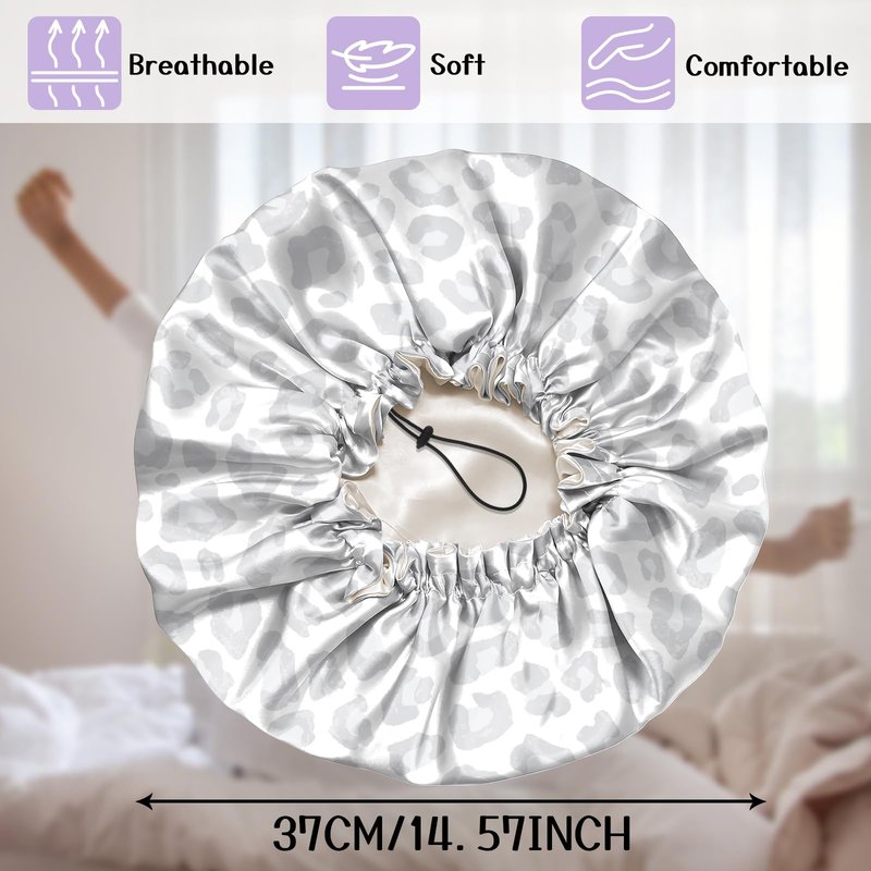 Deokke Luxury Shower Cap Silk Satin Lined Waterproof Reusable Adjustable Elastic Dry Hair Bathing Caps Cute for Women Girls-Gray Cheetah Leopard