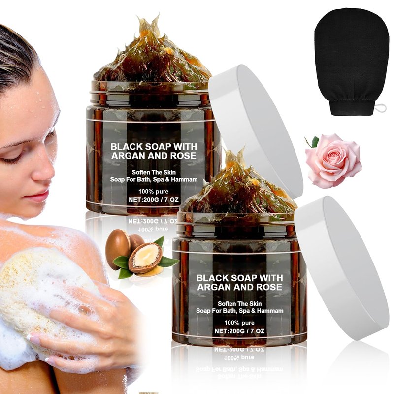 Morocco Black Soap with Argan and Rose, Morocco Black Beldi Bar Exfoliating Soaps, Moroccan Black Soap Hammam, Moroccos Body Scrub with Exfoliating Glove, 2 PCS