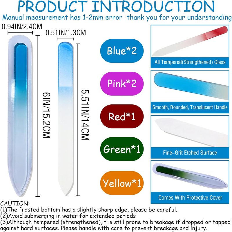 Glass Nail File Set - 7 Pack Double-Sided Etched Crystal Files for Natural Nails | Gentle & Reusable Manicure Tools