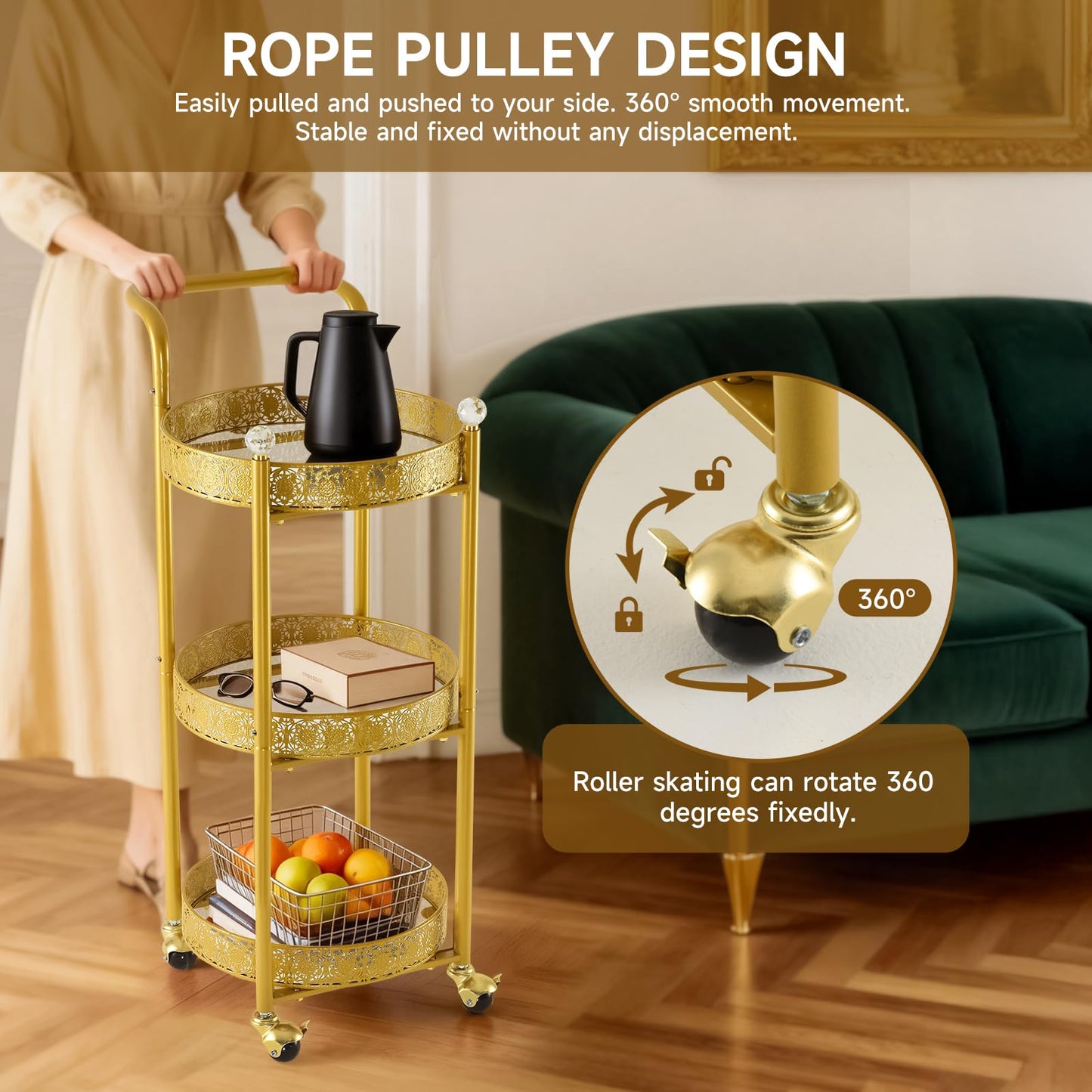 taotanra Multi-Functional Mobile Trolley Golden bar cart is Suitable for Home bar Service, Featuring a Rolling bar cart with Lockable casters, a Glass bar cart with 3 Mirror Holders