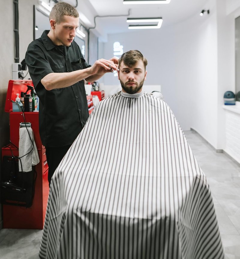 Professional Hair Cutting Cape - Large Salon Barber Cape with Neck Duster Brush | White with Five-Line Stripe