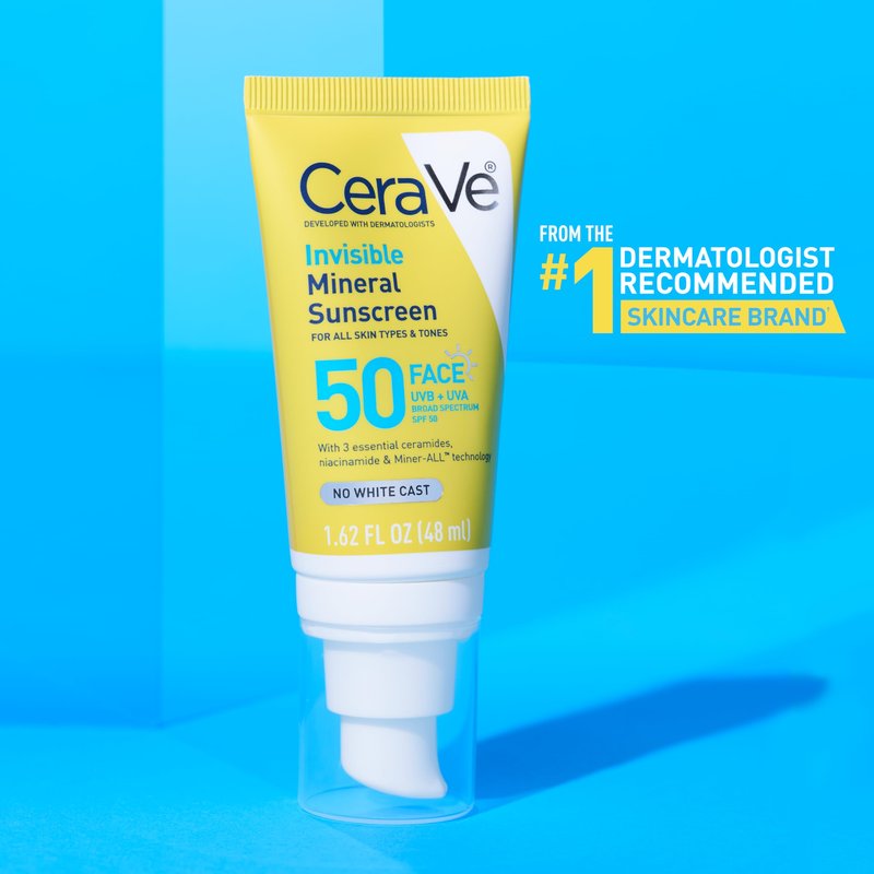 CeraVe Invisible Mineral Sunscreen SPF 50, Face Sunscreen for Sensitive Skin With Zinc Oxide & Titanium Dioxide, Vitamin E + Niacinamide + Ceramides, Oil Free, Travel Size 1.62 oz