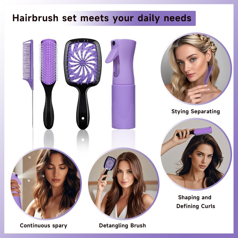 11 Pcs Hairbrush Set, Detangle Hair Brush And Spray Bottle, 3 Pieces Smooth Hairbrush For Toddlers, Suitable For Wet and Dry Hairstyles, Suitable For Adults And Children. (Purple)