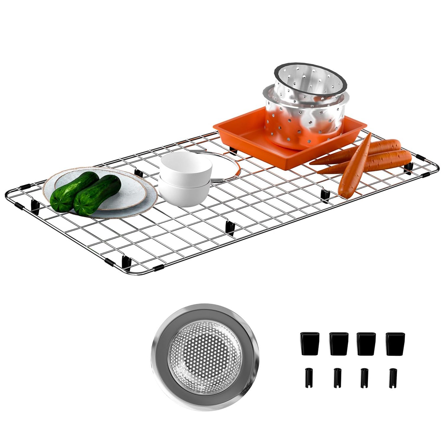 iPEGTOP Sink Rack for Bottom of Sink, Stainless Steel Sink Protector 28-3/4" x 15-3/4" with Rear Drain, Sink Grid Grate with Hole Cover for Kitchen Sink Single Bowl, One-Piece