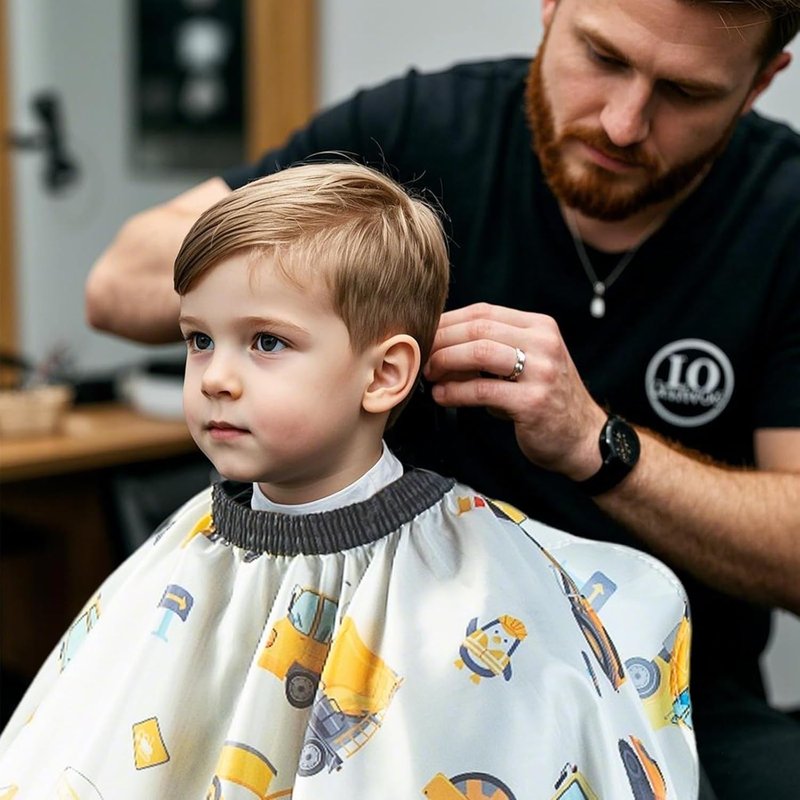Kids Haircut Cape Set - Construction Site Pattern Barber Cape & Neck Duster Brush | 55x40 Inches for Boys & Girls