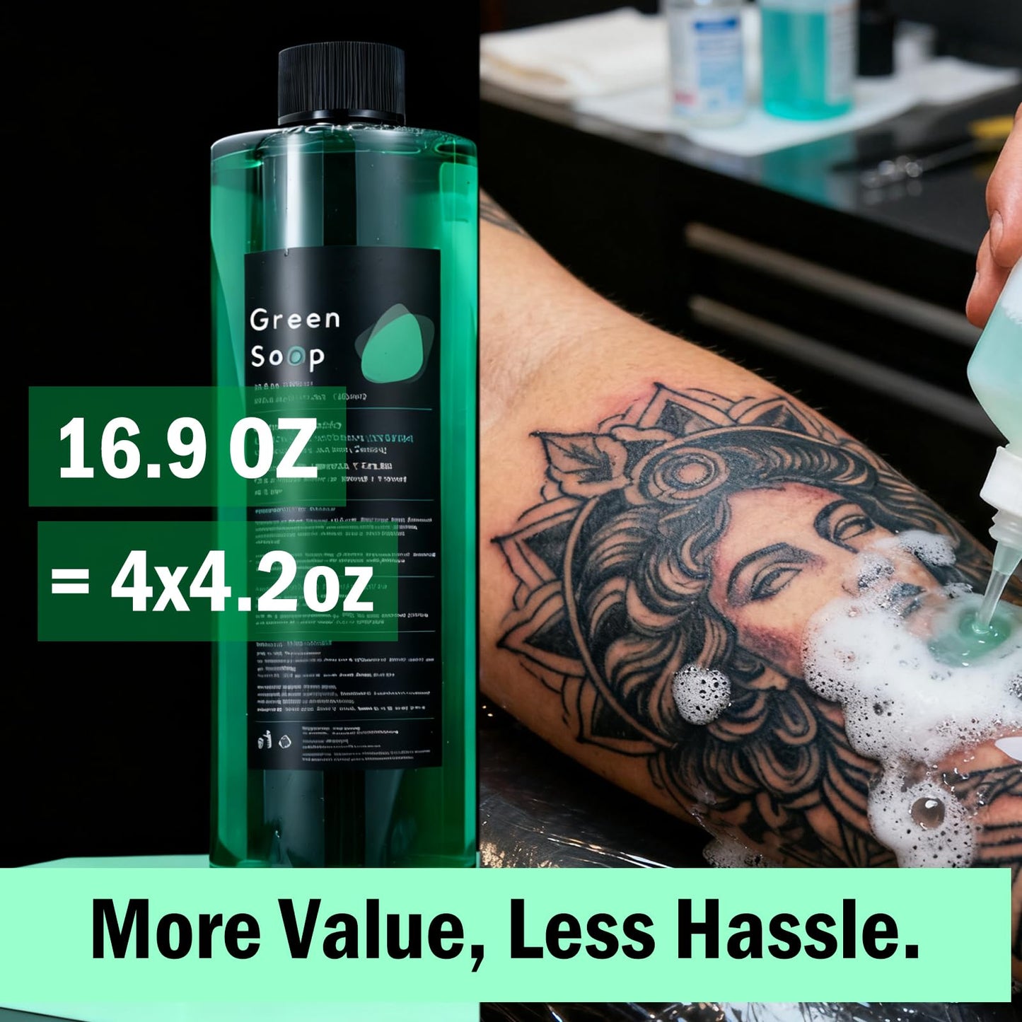 16.9oz Green Soap Tattoo Kit, Urknall Ultra Concentrated 16.9oz Green Soap with 8oz Squeeze Bottle for Tattooing & Piercing Care, Gentle Vegan Formula for Professional Tattoo Supplies