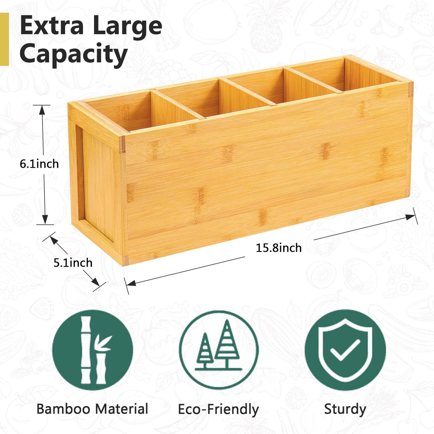 Yumkfoi Extra Large Bamboo Utensil Holder, 4 Section Kitchen Utensil Organizer for Countertop, Cooking Utensil Caddy Farmhouse Utensil Holder