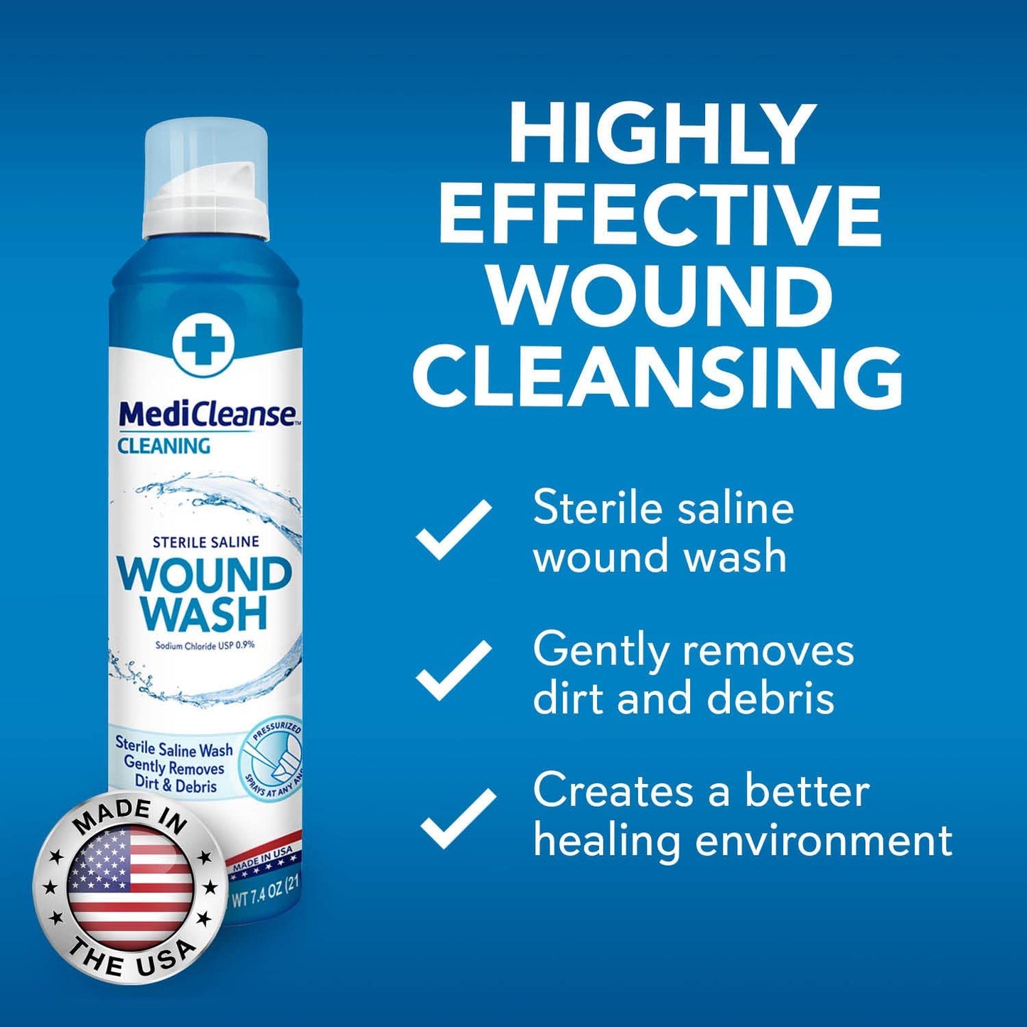 MediCleanse First Aid Sterile Saline Wound Wash, Promotes Healing, No Stinging or Burning, 7.4 oz (Pack of 3) - Made in USA