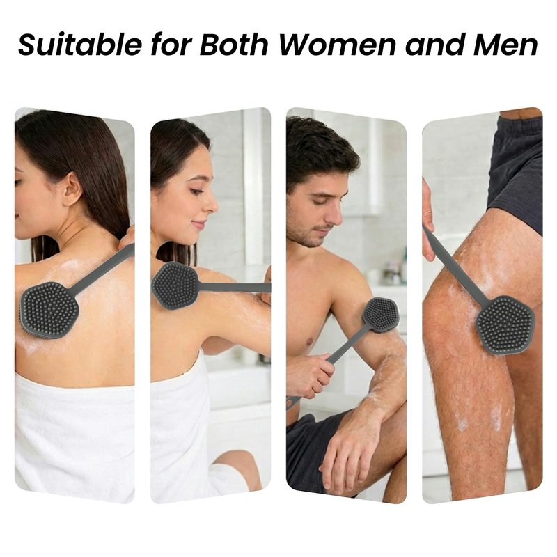 Redfly Silicone Back Scrubber for Shower Brush, 17 inch Long Handled Silicone Body Scrubber for Men & Women, Double Sided Shower Scrubber for Body Brush Exfoliator and Massage, Gray