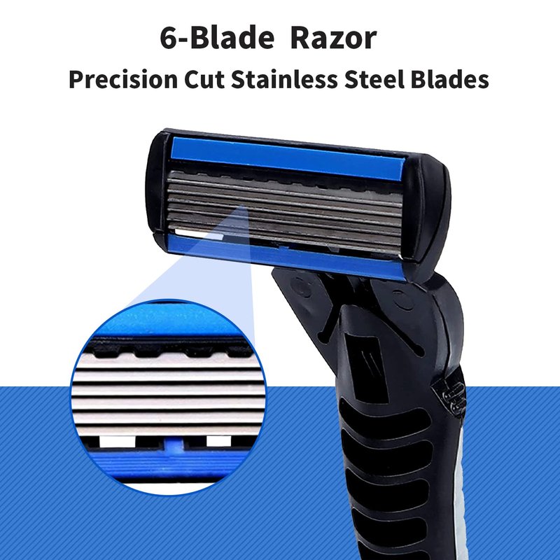 6-Blade Razor,Plastic Anti-slip Men Manual Refill Cartridges razors, Reusable Face Cleansing Care Tool, 18 pcs refill cartridges, Shave Supplies for Men and Women - Black