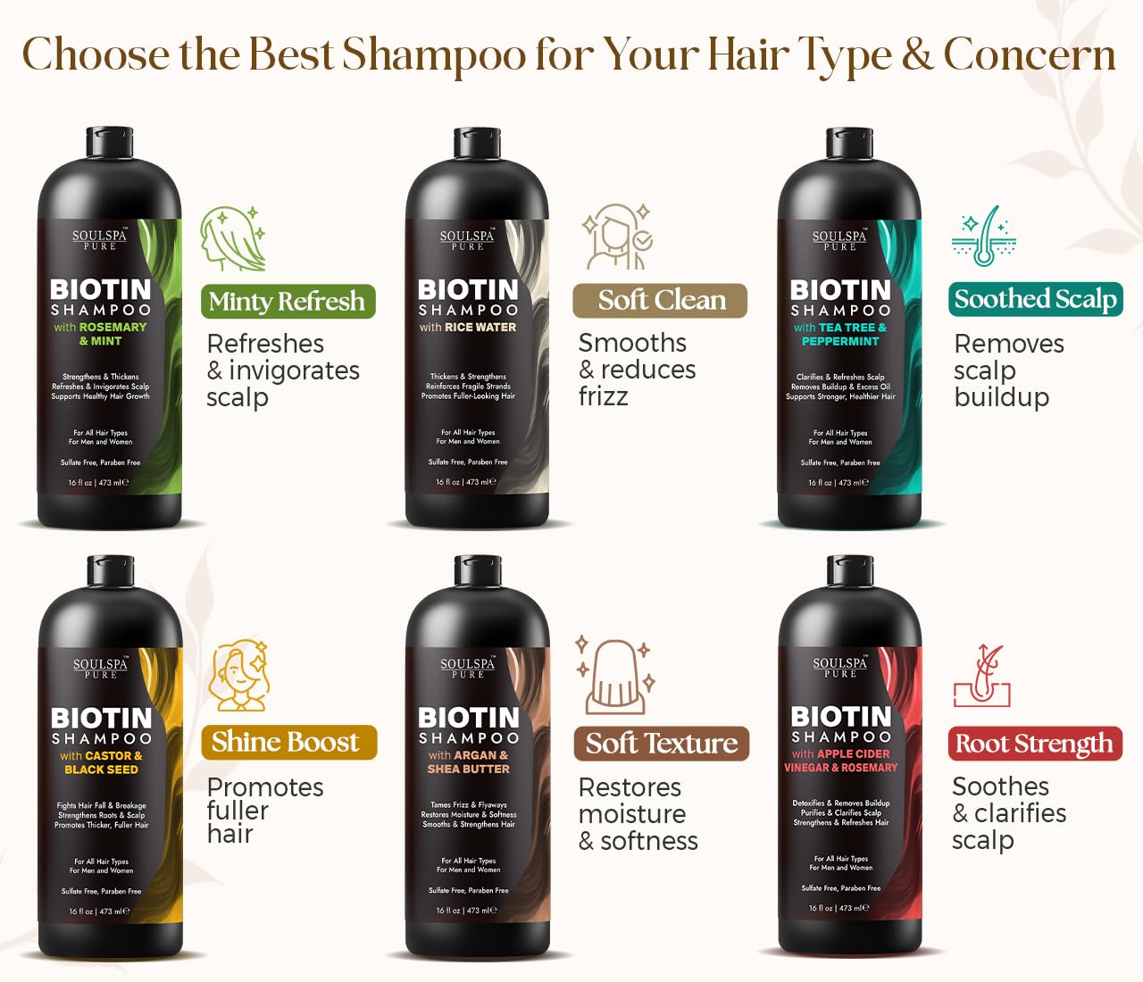 SOULSPA PURE Biotin Rice Water Shampoo and Conditioner Set - Thickening Formula with Rice Protein & Keratin - Strengthening Hair Care for Thinning Hair - Made in USA - 16 fl oz Each