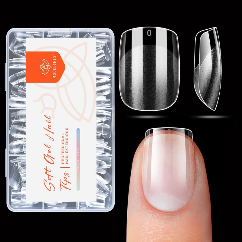 modelones Extra Short Square Nail Tips, Pre-shaped Soft Gel Tips Fake Nails False Acrylic Clear Full Cover Press on Extension Kit Gel Manicure DIY at Home 216PCS 12Sizes