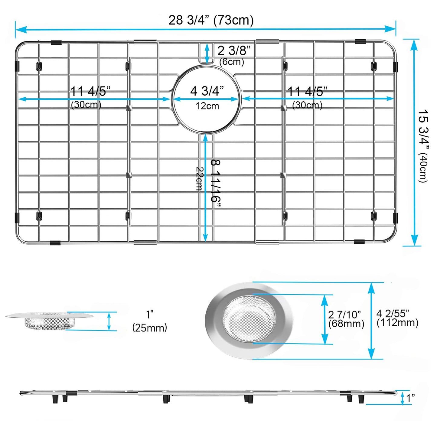 iPEGTOP Sink Rack for Bottom of Sink, Stainless Steel Sink Protector 28-3/4" x 15-3/4" with Rear Drain, Sink Grid Grate with Hole Cover for Kitchen Sink Single Bowl, One-Piece